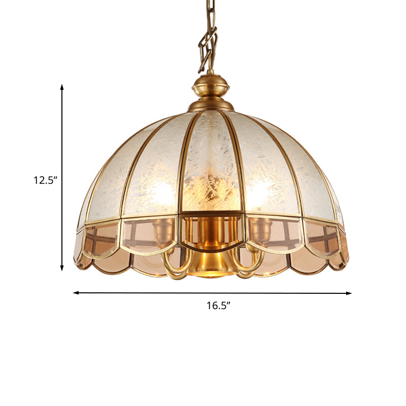 Dome Frosted Glass Hanging Chandelier Retro 6 Heads Brass Ceiling Pendant Light for Dining Room
