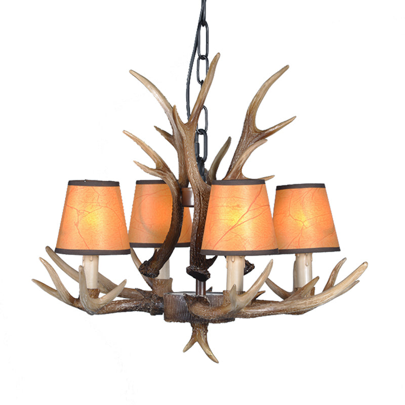 4/6/8 Lights Resin Chandelier Lamp Loft Brown Cone Dining Room Down Lighting Pendant with Fabric Shade