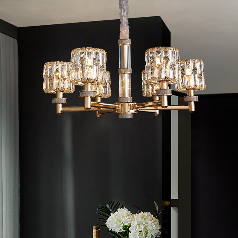 Crystal Cylinder Hanging Light Fixture Minimalistic Gold Ceiling Chandelier for Dining Room