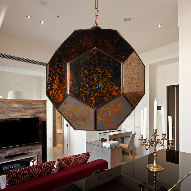 Hexagon Ceiling Chandelier Modernism Brown/ Clear Glass 4 Heads Hanging Light Fixture for Bedroom
