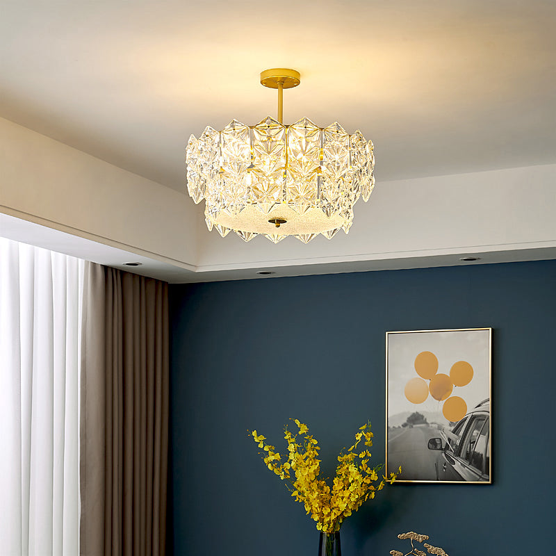Living Room Ceiling Suspension Lamp Minimalist Gold Chandelier with Hexagonal Crystal Shade