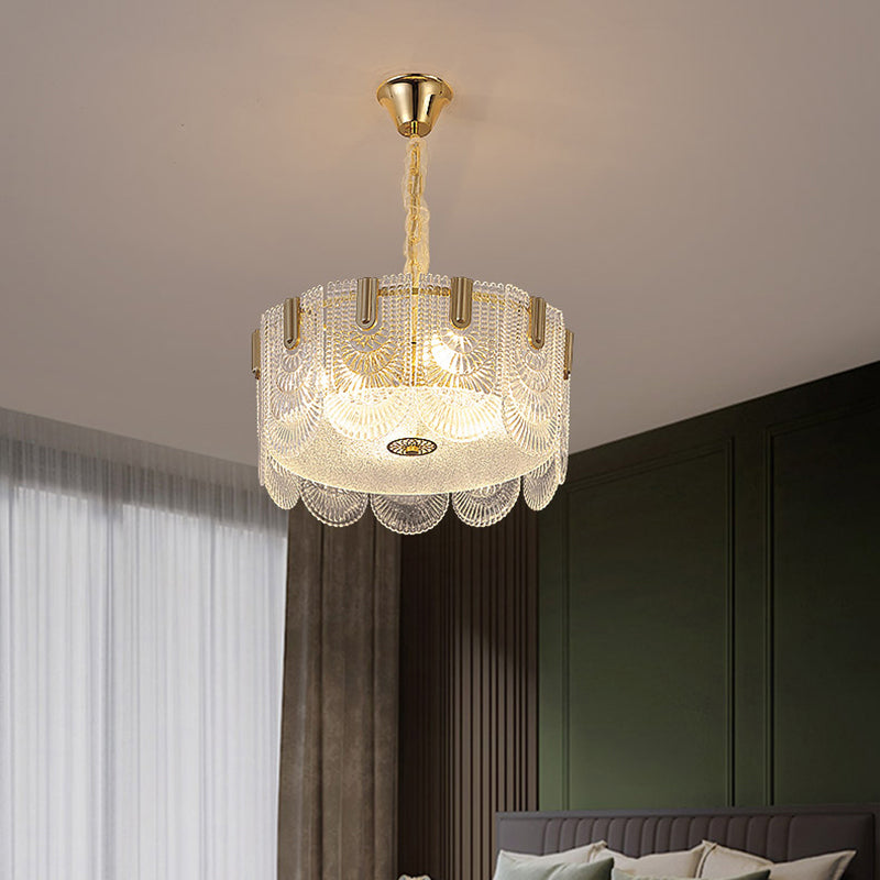Round Pendant Ceiling Lamp Modern Clear Textured Glass Chandelier with Scalloped Edge
