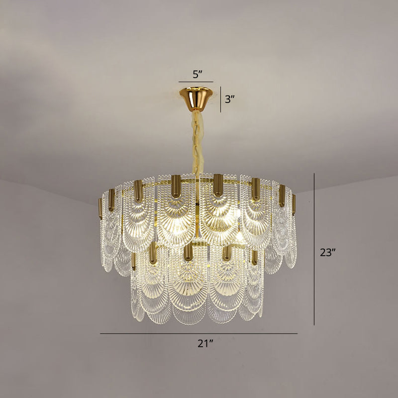 Round Pendant Ceiling Lamp Modern Clear Textured Glass Chandelier with Scalloped Edge