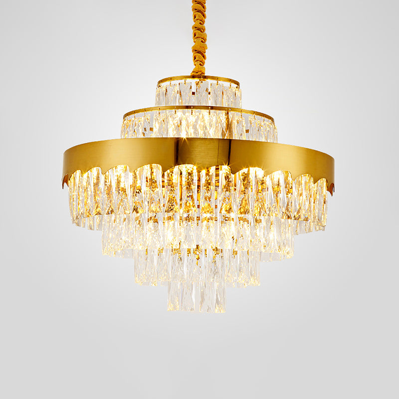 Crystal Rectangle Layers Chandelier Postmodern Golden Suspension Light for Living Room