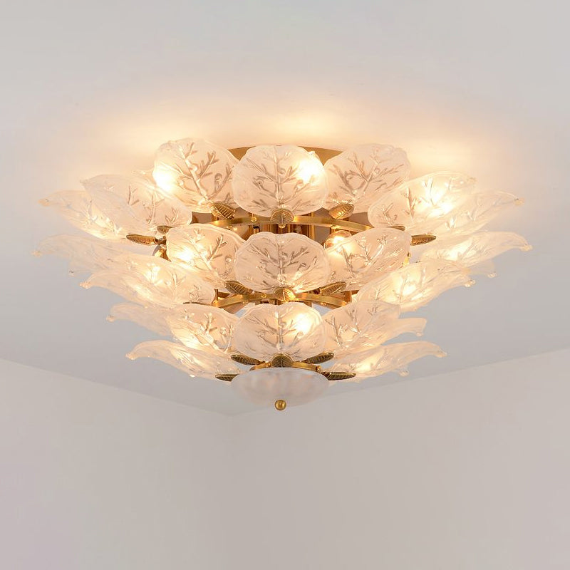 Leafy Semi Flush Mount Lamp Contemporary Frost Glass 10-Light Living Room Ceiling Fixture in Gold