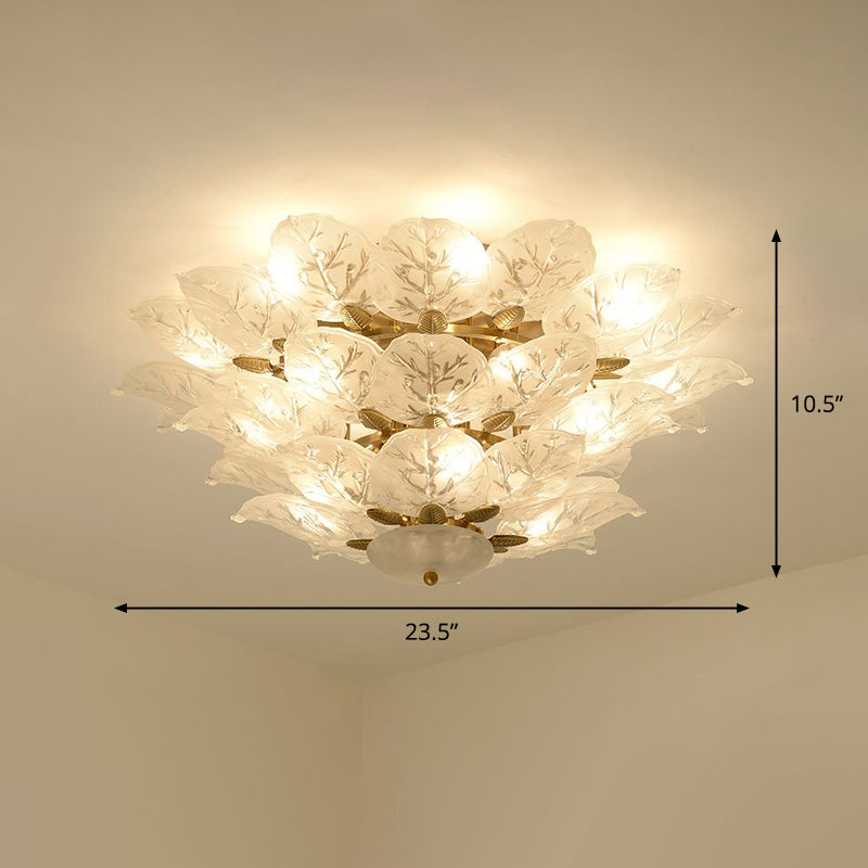 Leafy Semi Flush Mount Lamp Contemporary Frost Glass 10-Light Living Room Ceiling Fixture in Gold