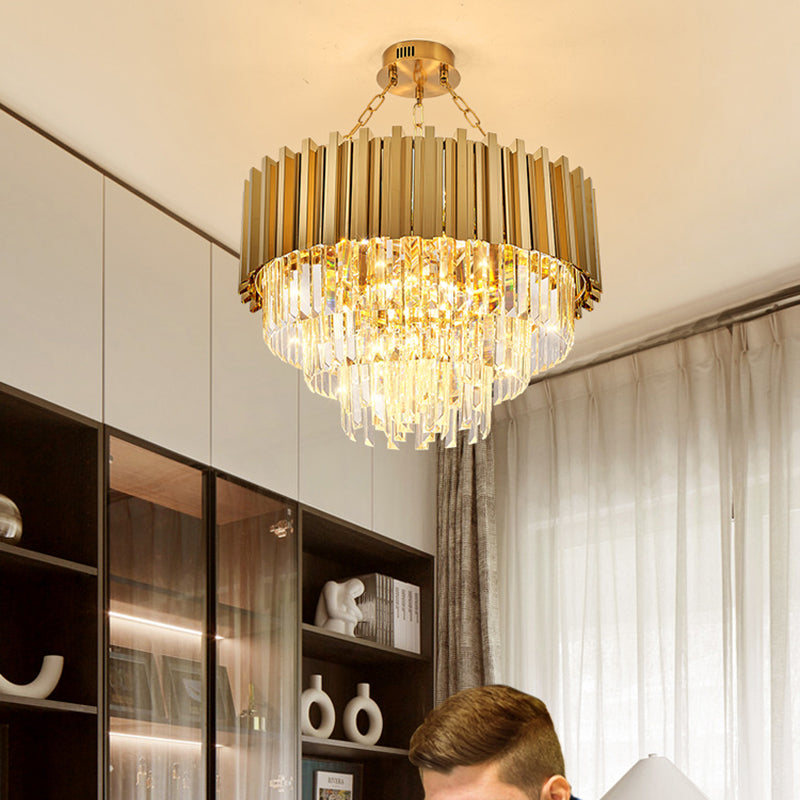 Layered Dining Room Ceiling Mount Chandelier Prismatic Crystal Modern Semi Flush Light in Gold
