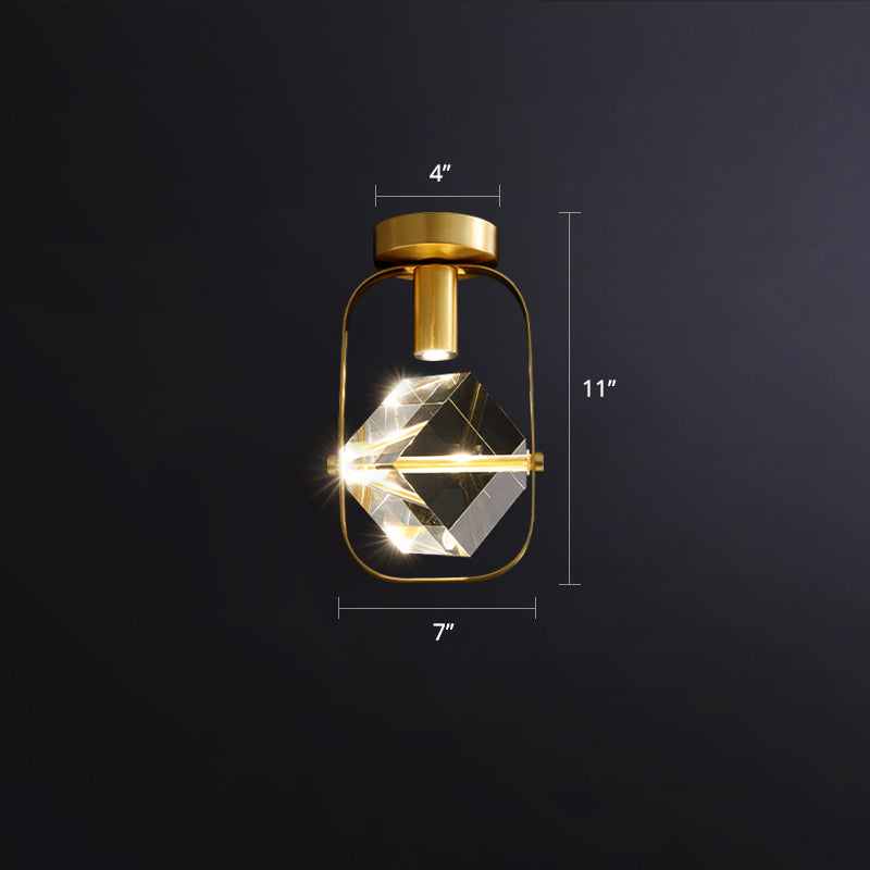 Cube LED Close to Ceiling Lamp Postmodern Crystal Gold Semi Flush Mount Light for Foyer