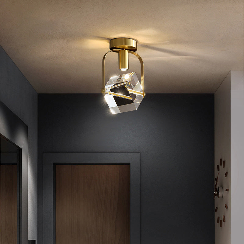 Cube LED Close to Ceiling Lamp Postmodern Crystal Gold Semi Flush Mount Light for Foyer
