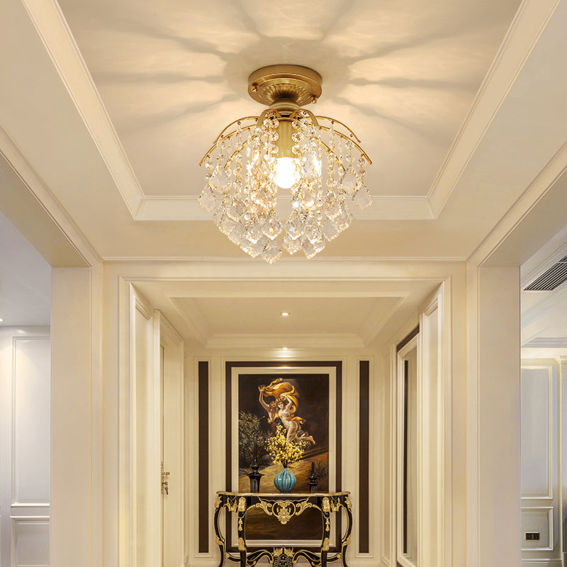 Gold Branching Ceiling Lighting Modern 1 Head Crystal Strand Semi Flush Mount Lamp for Aisle
