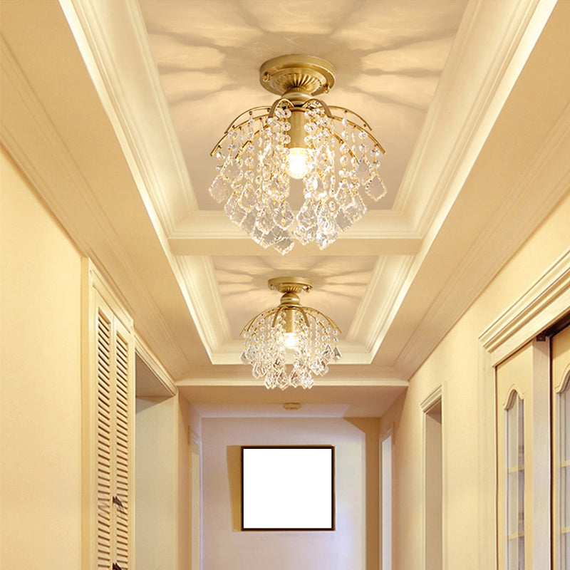 Gold Branching Ceiling Lighting Modern 1 Head Crystal Strand Semi Flush Mount Lamp for Aisle
