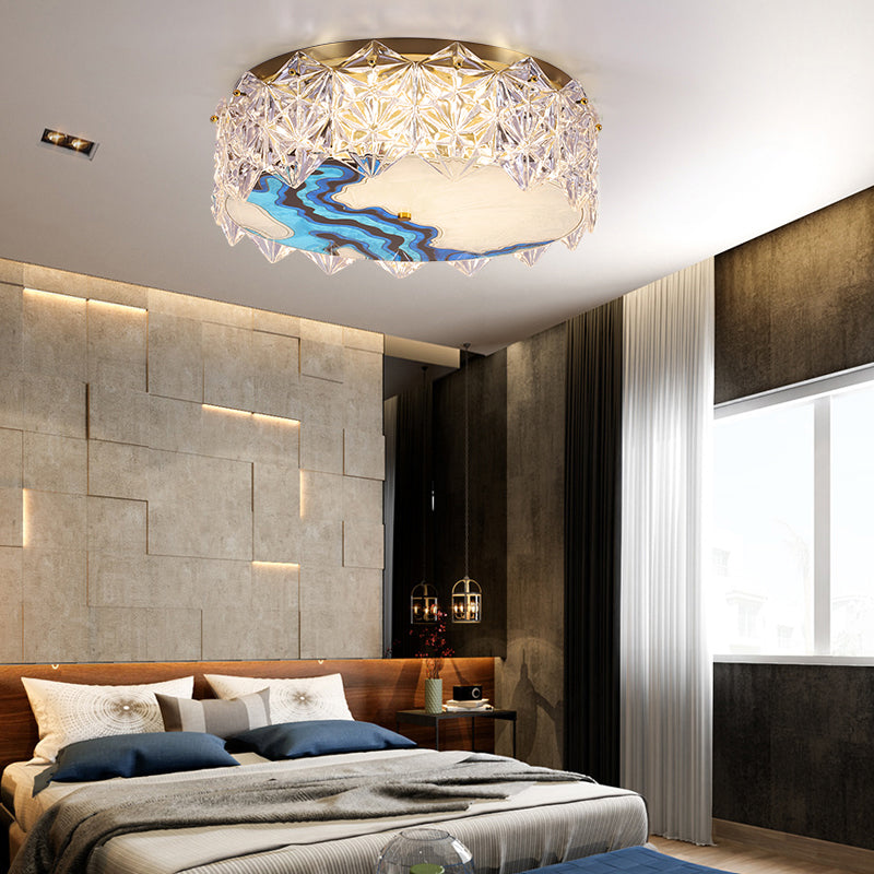 Hand-Paint Drum Shaped Flush Light Novelty Modern Crystal Bedroom LED Ceiling Fixture in Gold