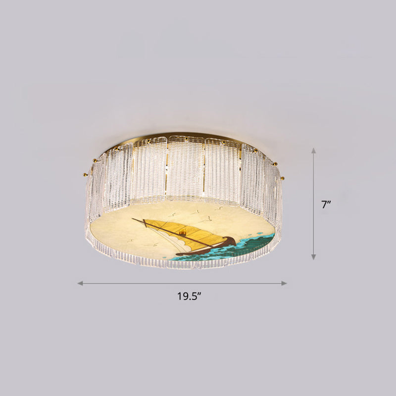 Hand-Paint Drum Shaped Flush Light Novelty Modern Crystal Bedroom LED Ceiling Fixture in Gold