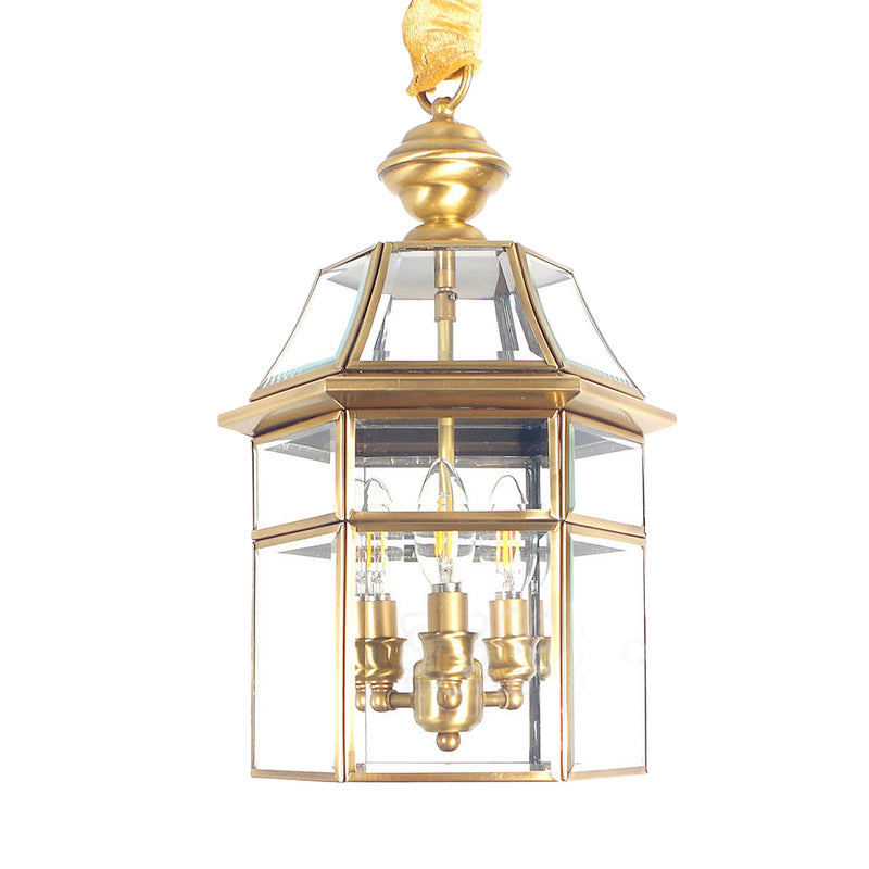 3 Bulbs Cage Ceiling Chandelier Traditional Clear Glass Suspended Lighting Fixture in Brass