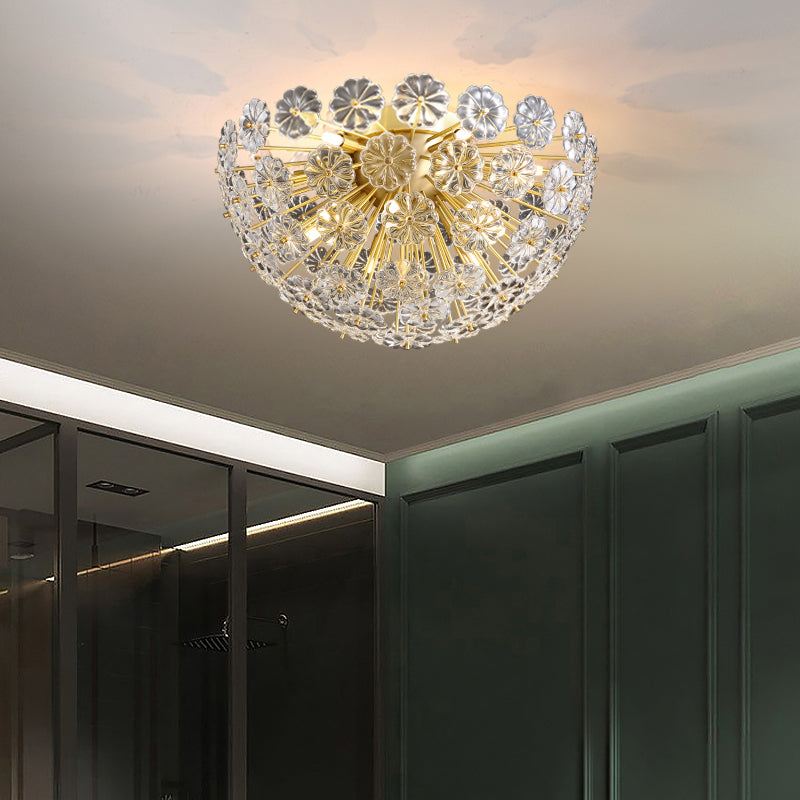 Crystal Flower Semi Mount Lighting Modern Stylish Gold Finish Flush Ceiling Light for Bedroom