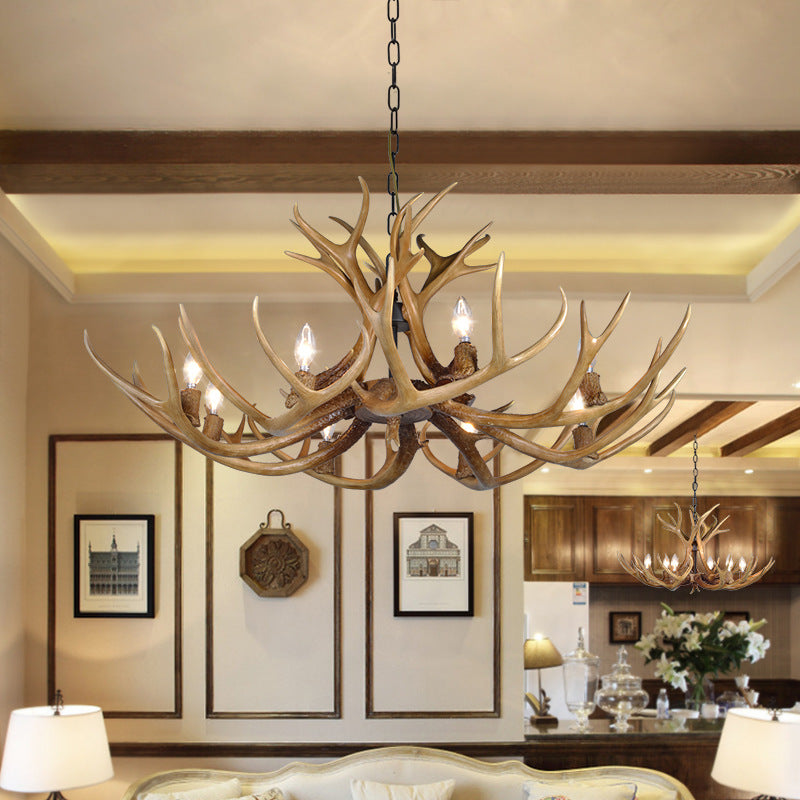 Traditional Candelabra Hanging Pendant 3/5/6 Lights Resin Ceiling Chandelier in Khaki for Living Room