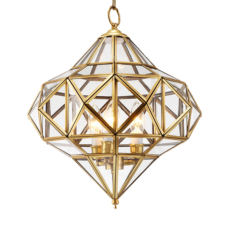 Clear Glass Geometrical Chandelier Lamp Retro 3 Bulbs Brass Pendant Lighting Fixture for Bedroom