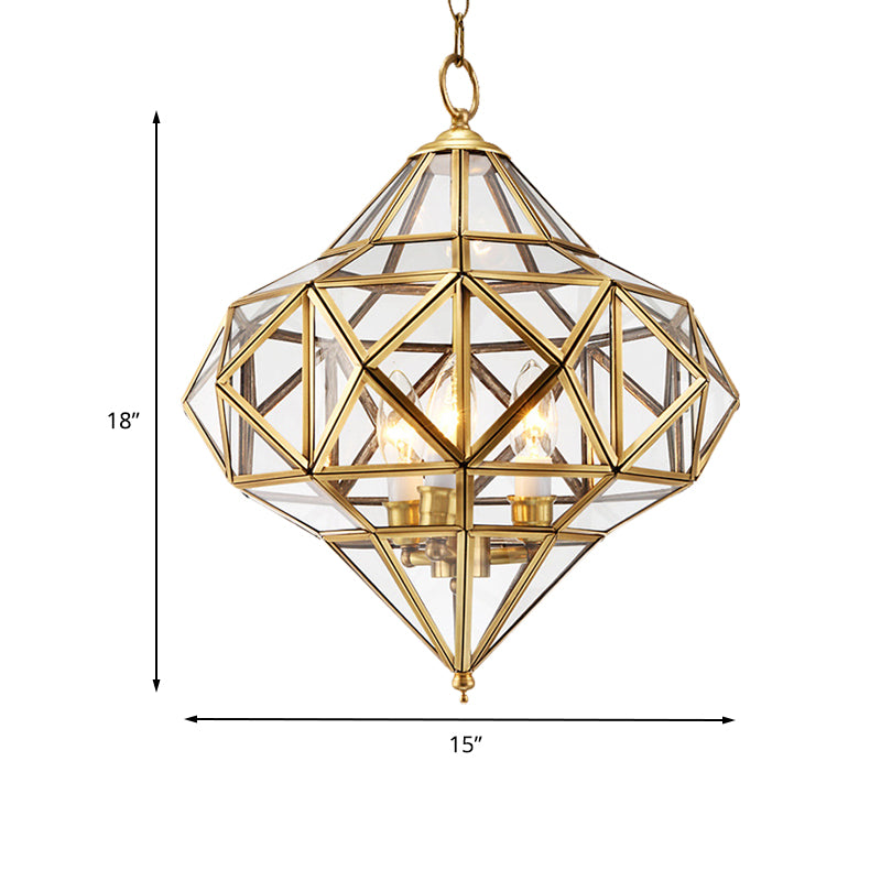 Clear Glass Geometrical Chandelier Lamp Retro 3 Bulbs Brass Pendant Lighting Fixture for Bedroom