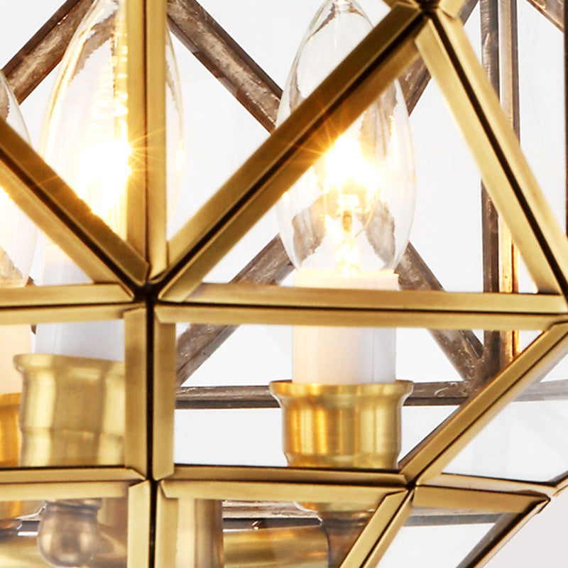 Clear Glass Geometrical Chandelier Lamp Retro 3 Bulbs Brass Pendant Lighting Fixture for Bedroom