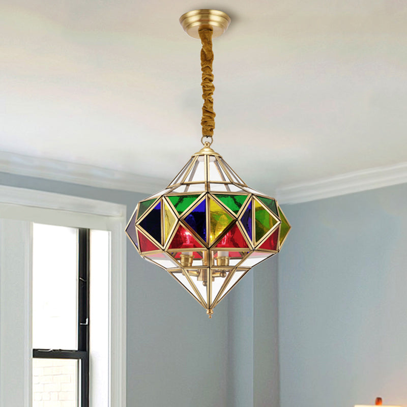 Splic Lampelier Lampada colorata Colonial in vetro 3 teste Brass Spendant Lighting Freet