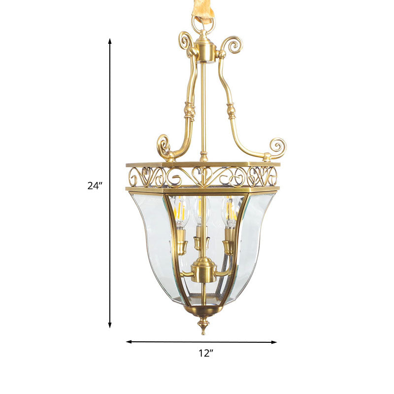 Brass Tapered Chandelier Lamp Retro 3 Heads Clear Glass Ceiling Pendant Light for Balcony