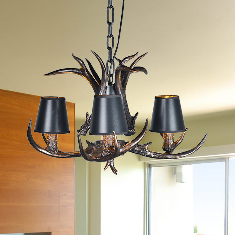 Black 3/6/8 Lights Chandelier Lighting Rustic Resin Conical Pendant Lamp with Faux Antler for Bedroom