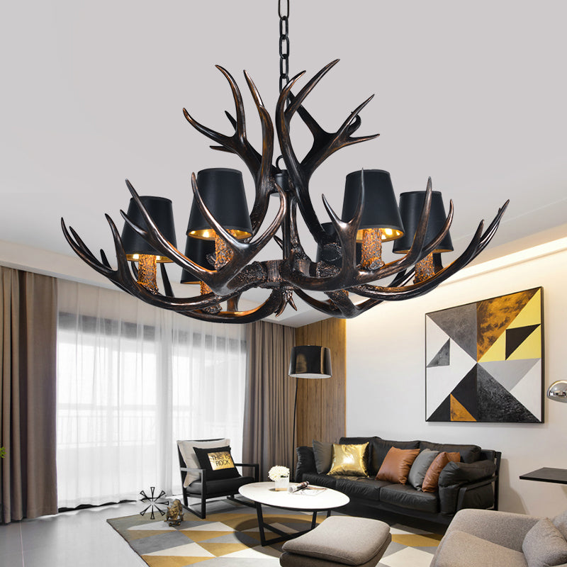 Black 3/6/8 Lights Chandelier Lighting Rustic Resin Conical Pendant Lamp with Faux Antler for Bedroom