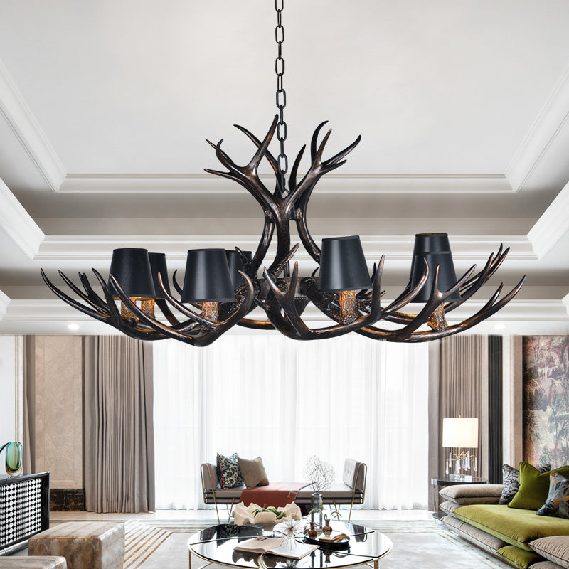 Black 3/6/8 Lights Chandelier Lighting Rustic Resin Conical Pendant Lamp with Faux Antler for Bedroom