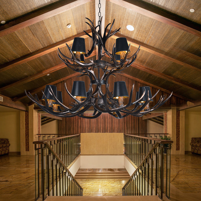 Black 3/6/8 Lights Chandelier Lighting Rustic Resin Conical Pendant Lamp with Faux Antler for Bedroom