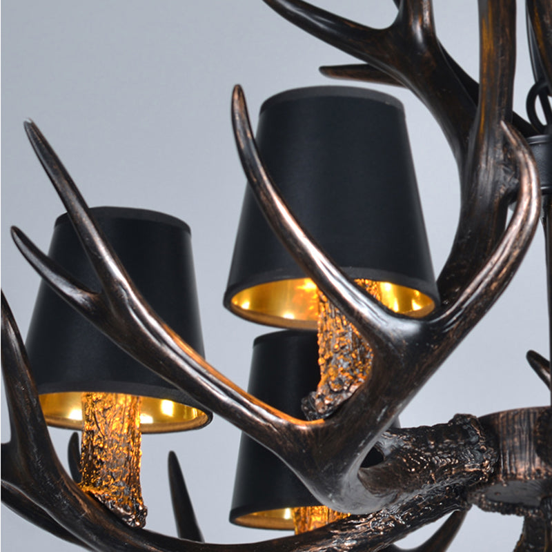 Black 3/6/8 Lights Chandelier Lighting Rustic Resin Conical Pendant Lamp with Faux Antler for Bedroom