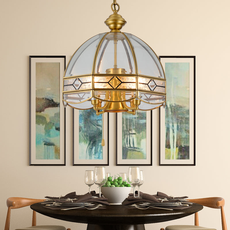 Koepel helder glas hangende kroonluchter retro 4 koppen koperen plafond hanglamp voor eetkamer