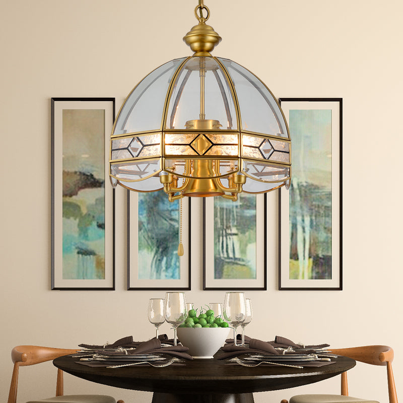 Dome Clear Glass Hanging Chandelier Retro 4 Heads Brass Ceiling Pendant Light for Dining Room