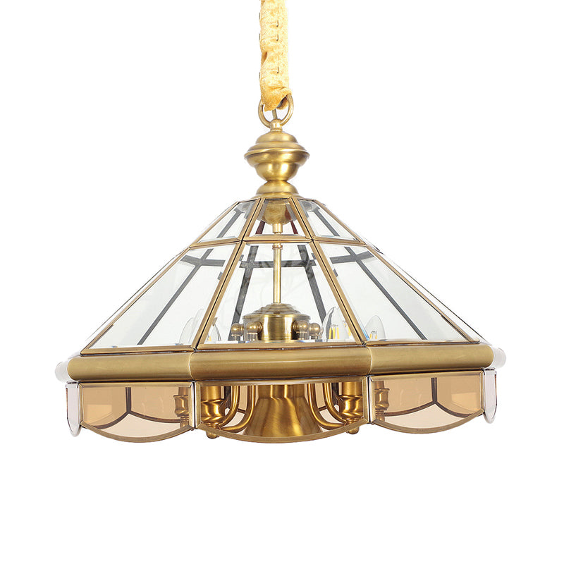 Cone Pendant Chandelier Traditional Clear Glass 6 Bulbs Brass Hanging Ceiling Light