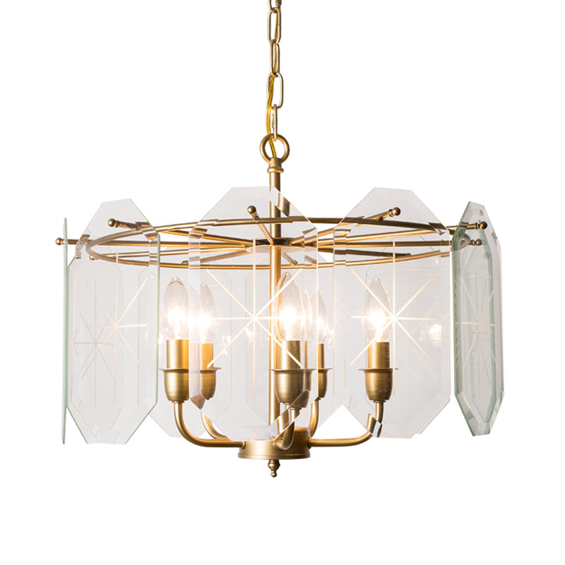 Modernism Cylinder Ceiling Chandelier Clear Glass 5 Heads Hanging Light Fixture in Brass for Restaurant
