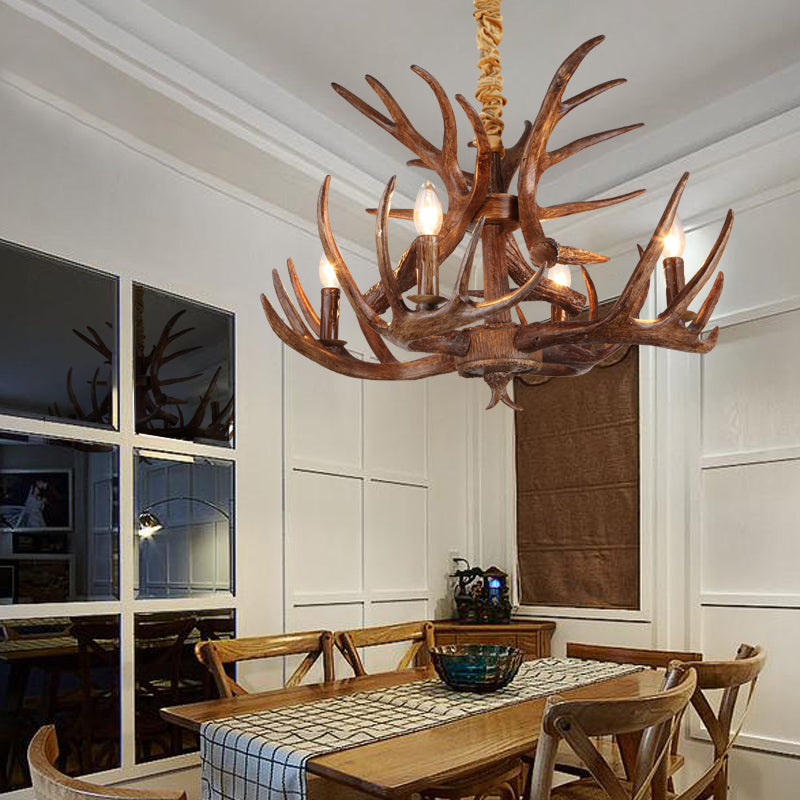 Forme de bougie traditionnelle lampe suspendue 4/6/9 Bulbes lustre de lustre en résine avec bois au café