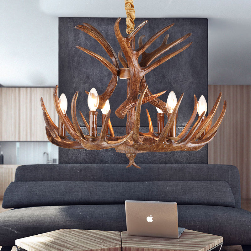 Forme de bougie traditionnelle lampe suspendue 4/6/9 Bulbes lustre de lustre en résine avec bois au café