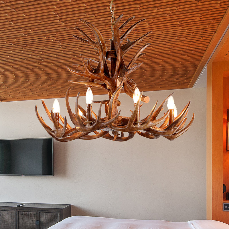 Forme de bougie traditionnelle lampe suspendue 4/6/9 Bulbes lustre de lustre en résine avec bois au café