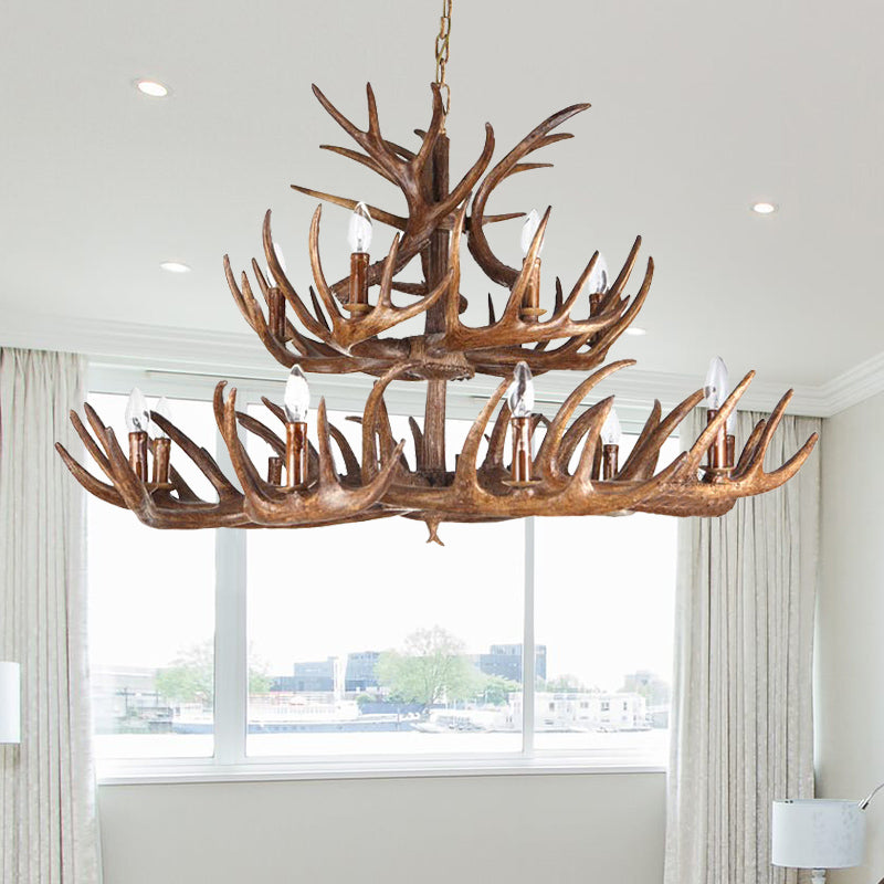 Forme de bougie traditionnelle lampe suspendue 4/6/9 Bulbes lustre de lustre en résine avec bois au café