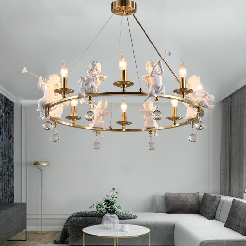 Traditional Candle Hanging Chandelier Metal 3/6/8 Bulbs Suspension Light in Brass with Angel