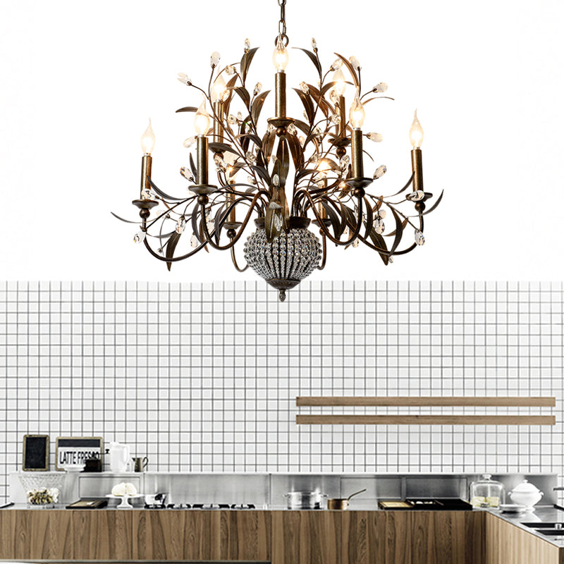 Black Spur Chandelier Lamp Modernism Crystal 9 Heads Pendants Pending Lighting Aliming with Metal Leaf