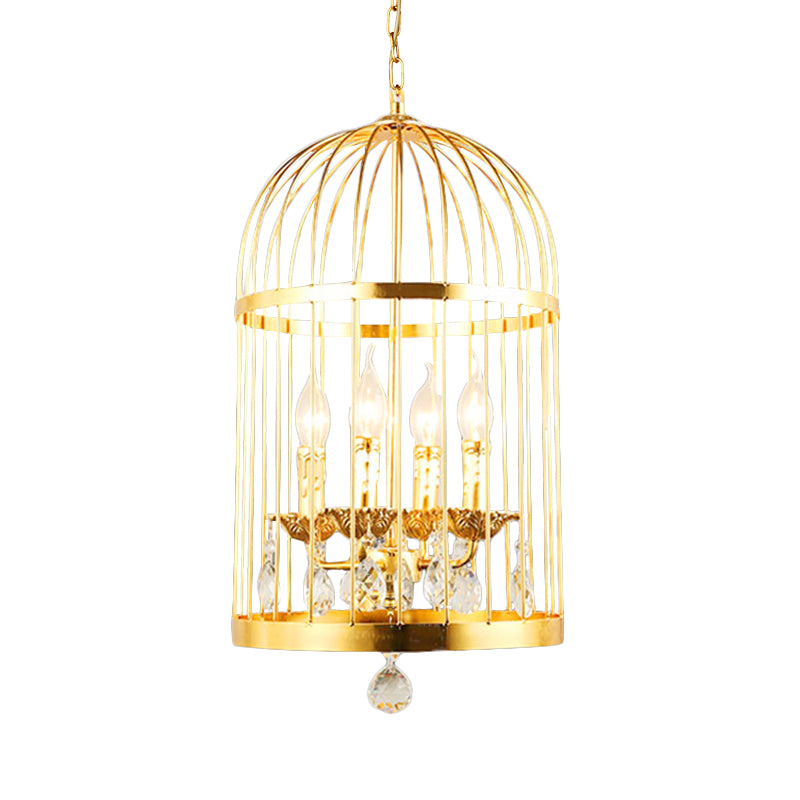 4 Bulbs Bird Cage Ceiling Chandelier Traditional Metal Suspended Lighting Fixture in Gold with Crystal Drop