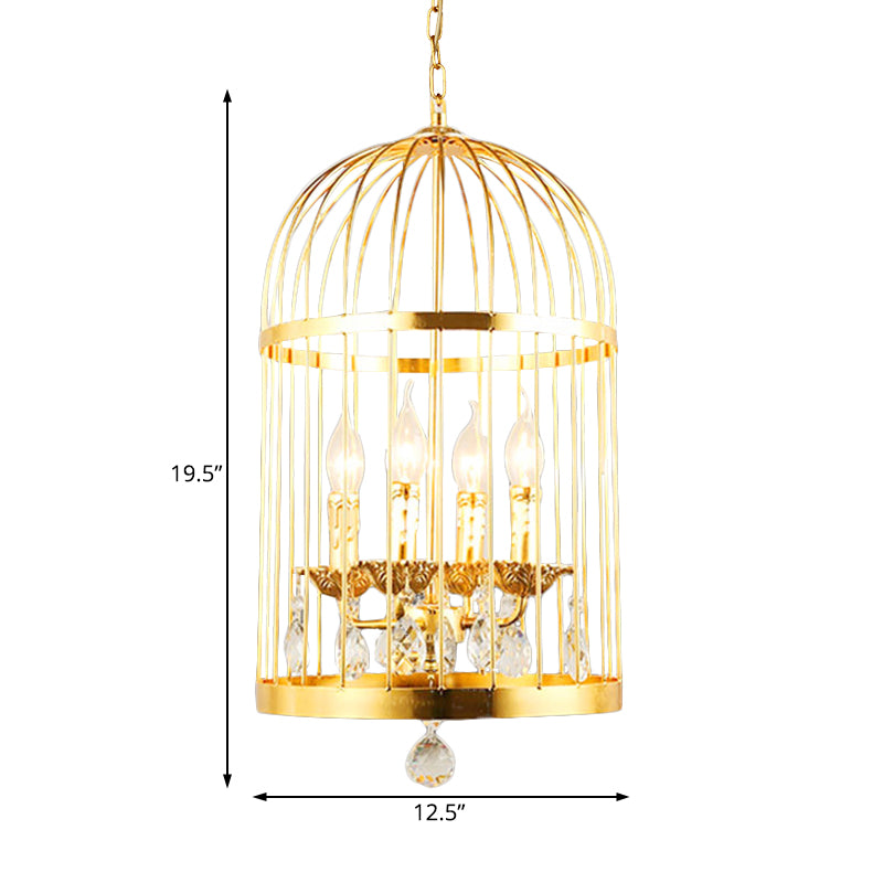 4 Bulbs Bird Cage Ceiling Chandelier Traditional Metal Suspended Lighting Fixture in Gold with Crystal Drop