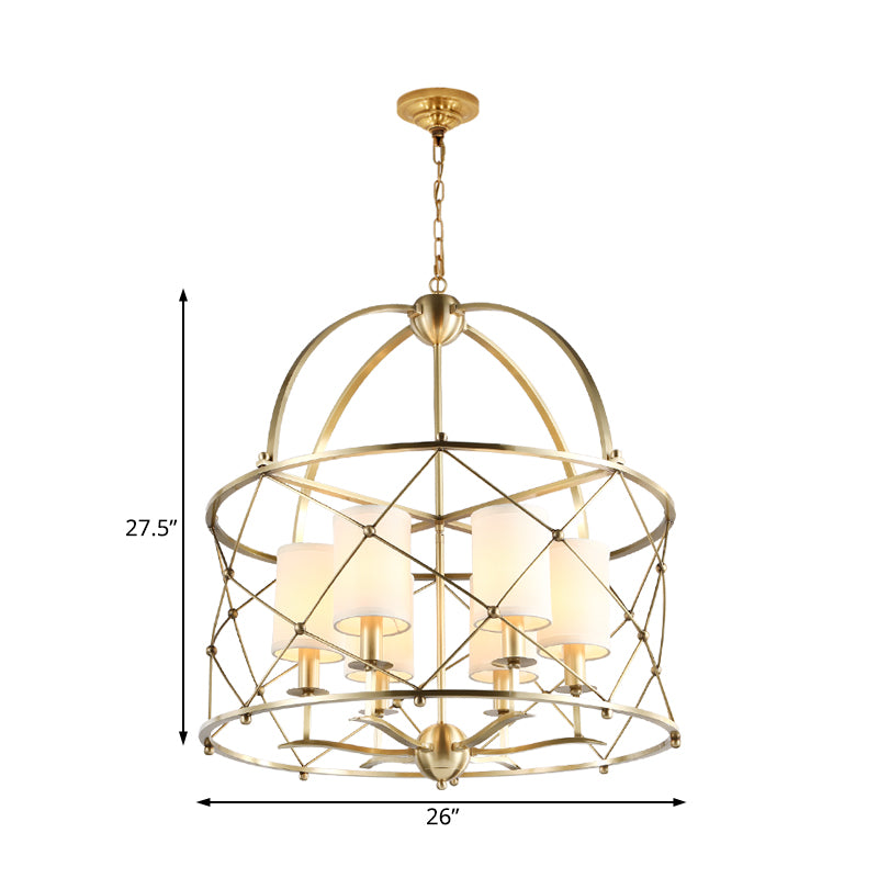 Brass Cylindrical Chandelier Lamp Nordic Metal 6 Heads Pendant Lighting Fixture with Fabric Shade
