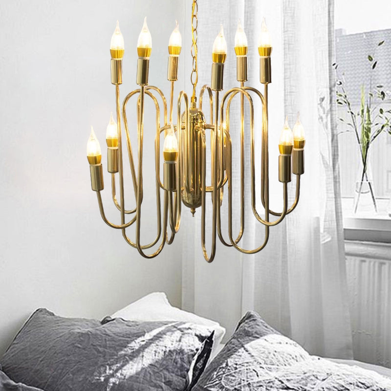 Metal Branch Chandelier Minimalism 12 Heads Gold Pendant Lighting Fixture for Dining Room