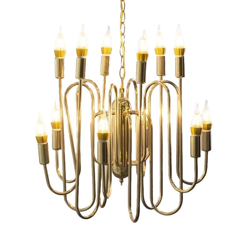 Metal Branch Chandelier Minimalism 12 Heads Gold Pendant Lighting Fixture for Dining Room