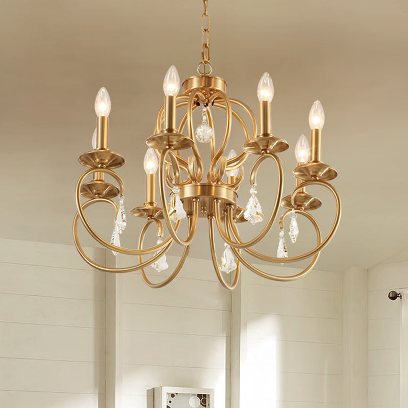 Gold Candle Chandelier Lighting Nordic Metal 6/8 Bulbs Hanging Ceiling Light with Curved Arm