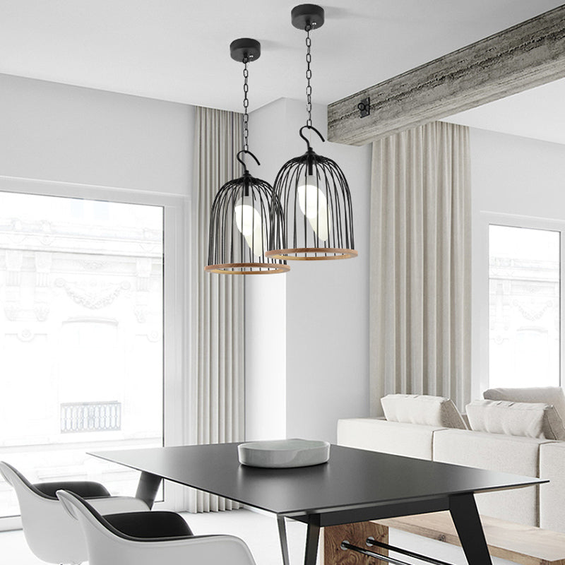 Black Bird Cage Hanging Lamp Modern 1 Head Metal Ceiling Pendant Light for Living Room