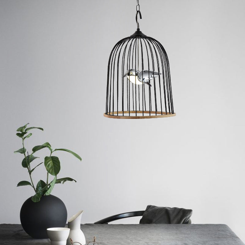 1 Bulb Cage Pendant Lamp Contemporary Metal Suspended Lighting Fixture in Black/Pink with Bird