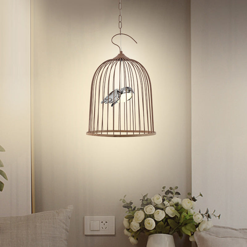 1 lámpara colgante de jaula de bulbo accesorio de iluminación suspendida de metal contemporáneo en negro/rosa con pájaro