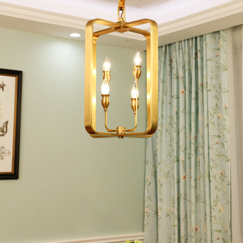 Colonial Round/Square Hanging Chandelier Metal 4 Bulbs Suspension Light in Gold for Dining Room